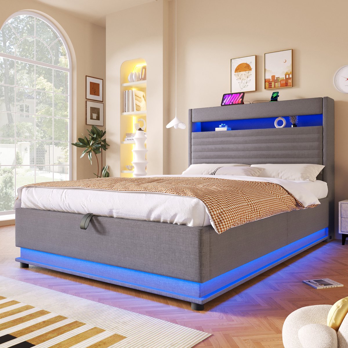Merax Gestoffeerd bed 140x200 cm - met USB Type-C oplaadfunctie - met LED-verlichting - opklapbare opbergruimte - zonder matras - grijs