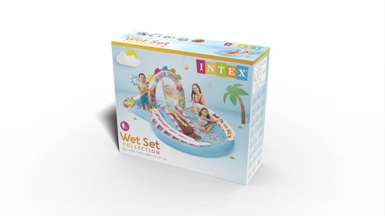 Doos van het Intex 'Candy Zone' speelbad met afbeelding van spelende kinderen, glijbaan en snoepdecoraties.