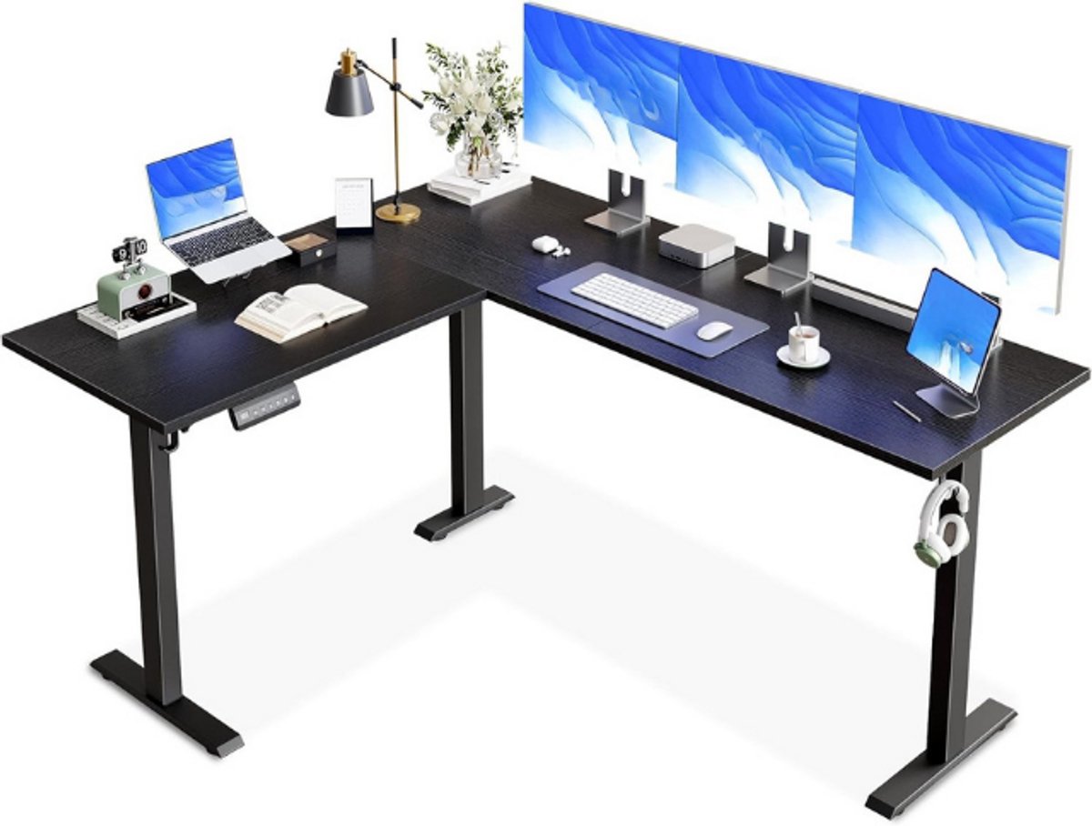 OffiGo L-vormig in hoogte verstelbaar bureau, 180 x 120 cm, bureau, in hoogte verstelbaar, elektrisch, hoekbureau, ergonomisch staand bureau, computerbureau, zwart
