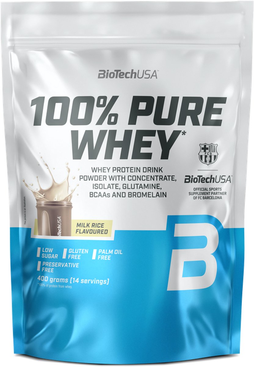 BioTechUSA 100% Pure Whey | Eiwitpoeder met BCAA en Glutamine | Glutenvrij, Palmolievrij | 21g Eiwit per portie, 400 g, Melk Rijst