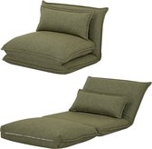 Groene slaapstoel gevouwen en uitgevouwen, met kussens.