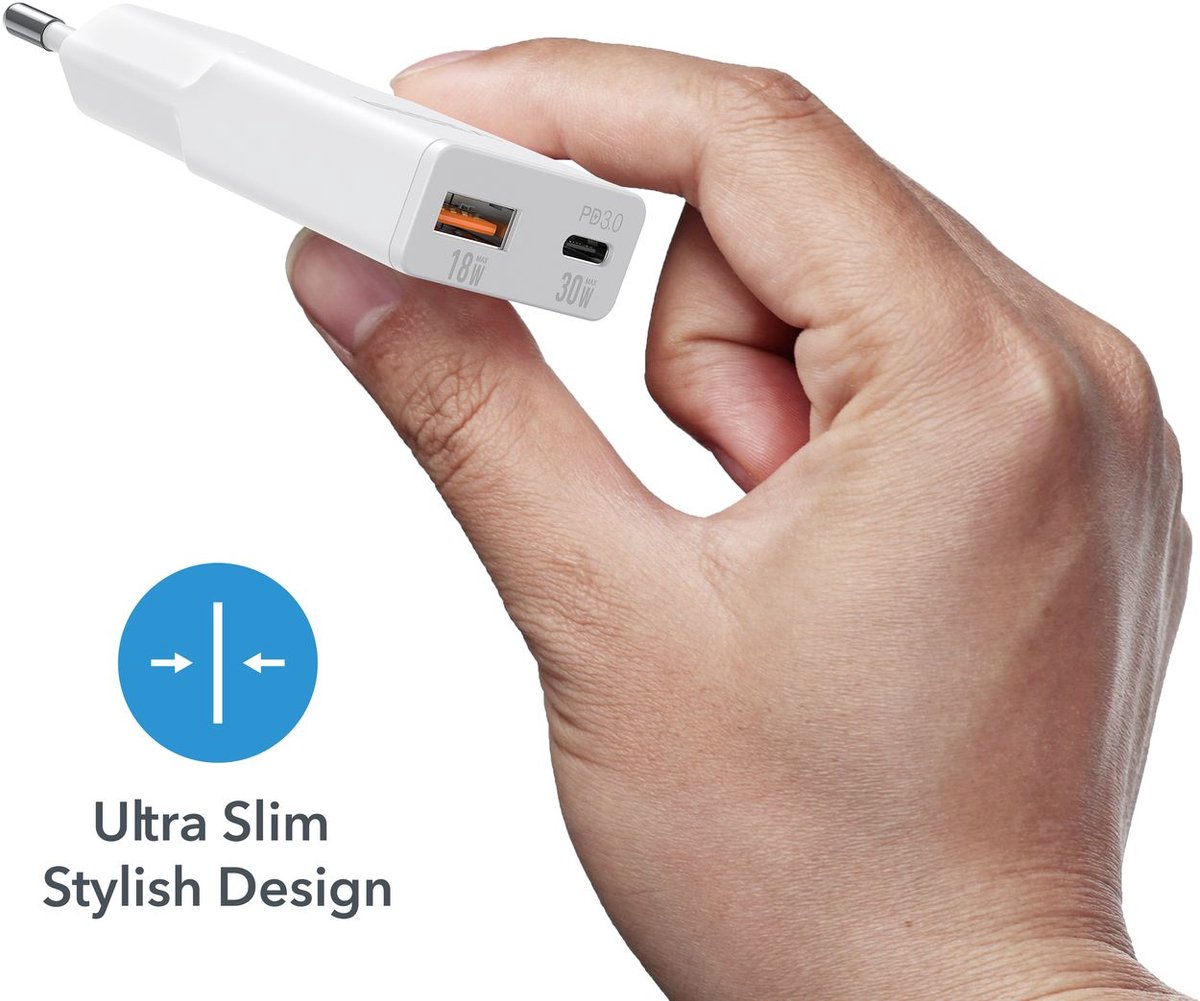 Veger Snellader - 30 Watt - 1x USB-C + 1x USB-A - Dubbele USB Poort - Wit