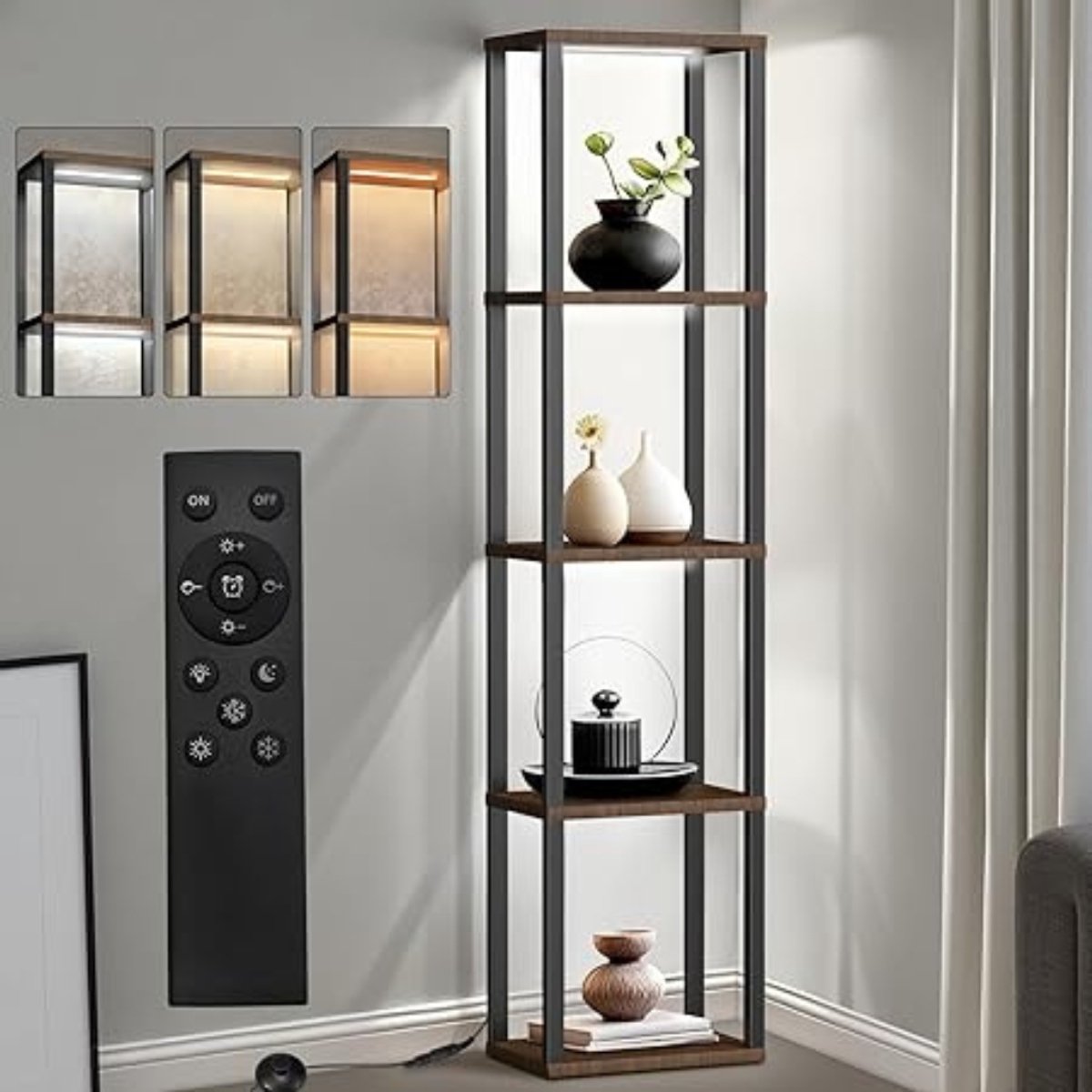 Boekenkast met LED Verlichting – 5-Laags Staande Vloerlamp met Planken – Dimbaar met 3 Kleurtemperaturen & Afstandsbediening – Modern Display Rek voor Woonkamer & Slaapkamer
