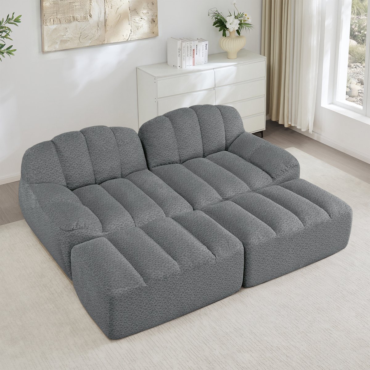 FloraGrace Hoekbank 2-Zits - Modulair Met 2 Ottomanen En Antislip Verbinding - Woonkamer O