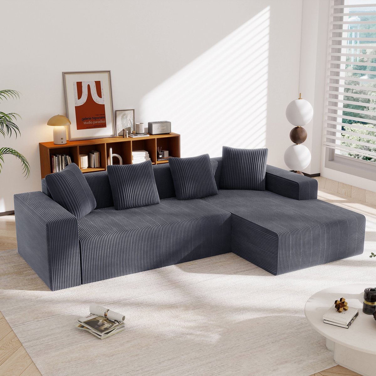 FloraGrace Hoekbank 261 x 146 cm - Modulair Diepzit Sofa Met Chaise Longue - Woonkamer Of Slaapkamer - Corduroy - Grijs