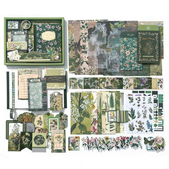 Simno® A6 Bullet Journal Set - 12 Soorten & 195-delig - Scrapbook Set met Stickers, Washi Tape en Decoratiepapier - Plantenparadijs