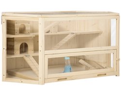 Hamsterkooi - Cavia kooi - Rattenkooi - Huisje - 2 Niveaus - Verwijderbare Lade - Met Voederstation - Zaag - Loopplank - Hutten - Hangbrug - 115L x 60B x 55H cm - Vurenhout