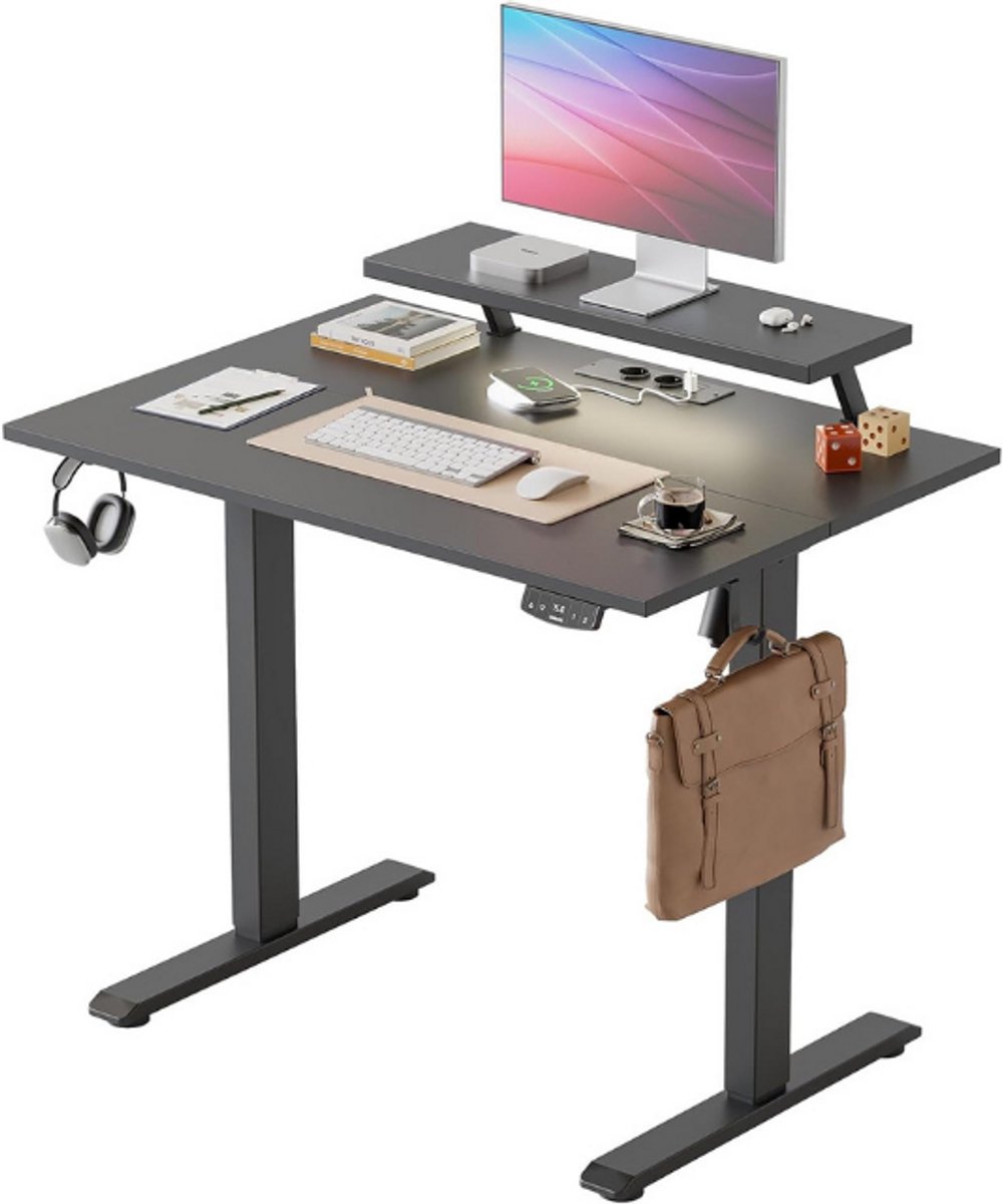 Agilestic Elektrisch in hoogte verstelbaar bureau, 100 x 60 cm, met beweegbare monitorstandaard, LED-lichtbalk en USB-poort, staand bureau met tweedelig tafelblad, computertafel, zwart