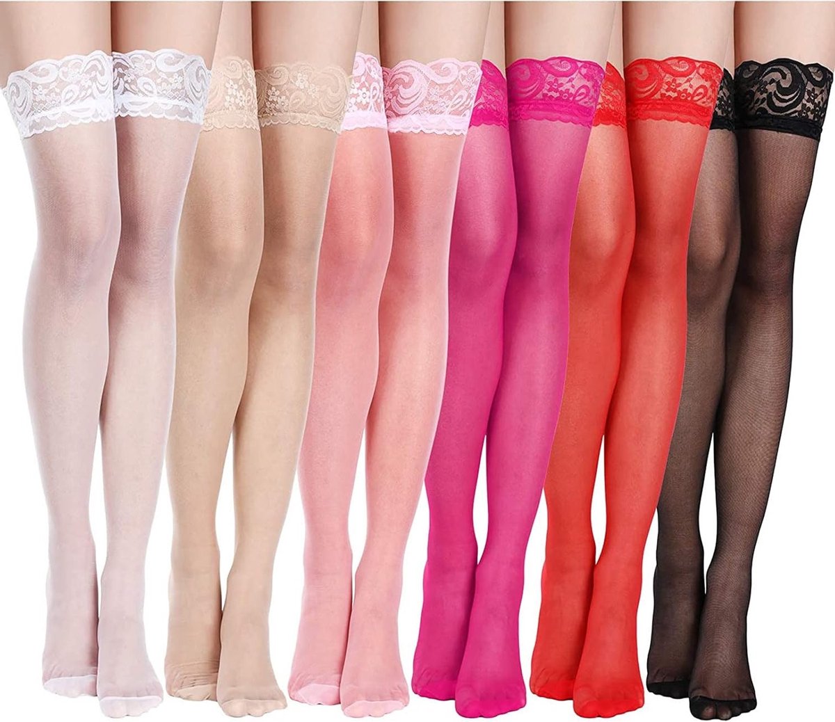 6 Paar Halterloze Kousen, Kant Thigh High Pantyhoses in Zwart, Wit, Huidskleur, Rood en Roze, M-L, Comfortabele en Stijlvolle Beenmode