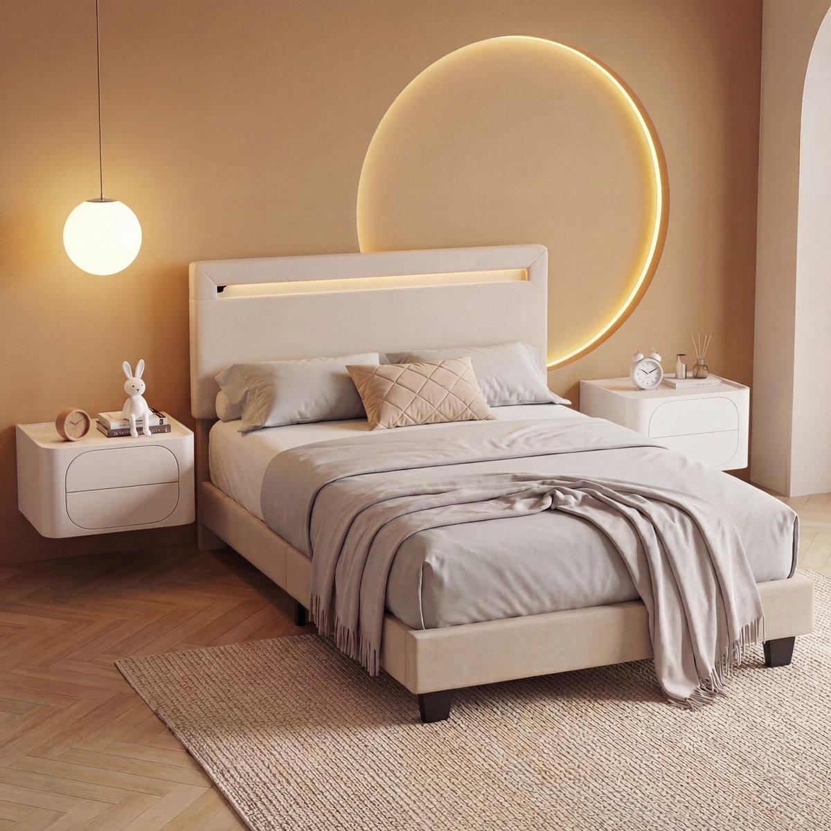 Bealife BF27 Bedframe - 200 x 90 cm - LED-verlichting - Hoofdbord en lattenbodem - Beige