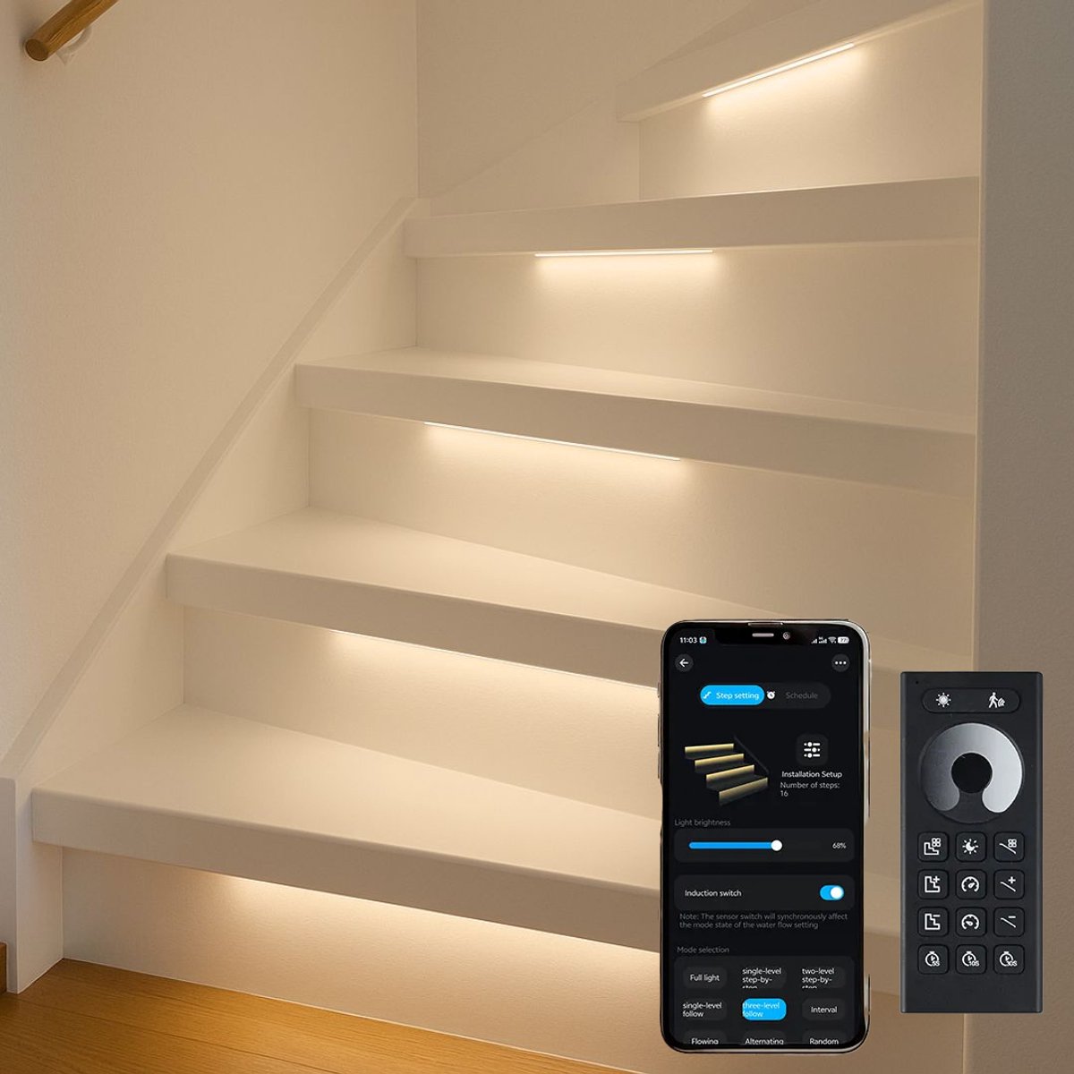 Met afstandsbediening & App - LED Trapverlichting set met bewegingssensor - Warm Wit Licht - voor max. 16 treden