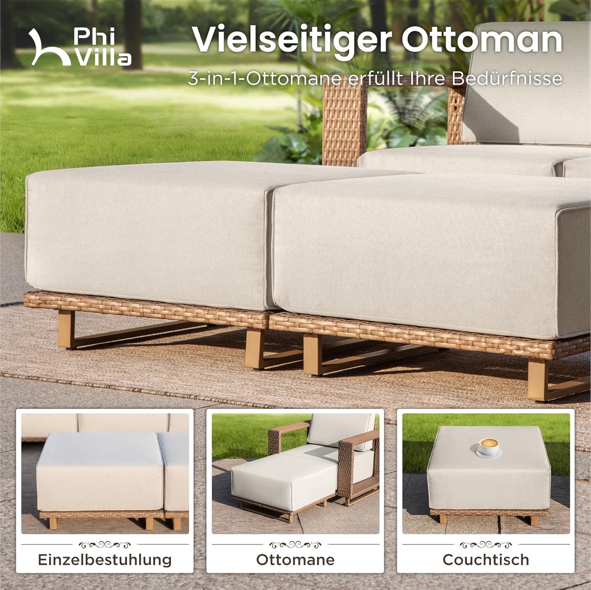Rotan Tuinmeubelset 6 Personen Modulair Loungeset met Dikke Kussens Beige – Weerbestendige Outdoor Hoekbank voor Tuin, Terras & Balkon – Ergonomisch Design – Laura – foto 6