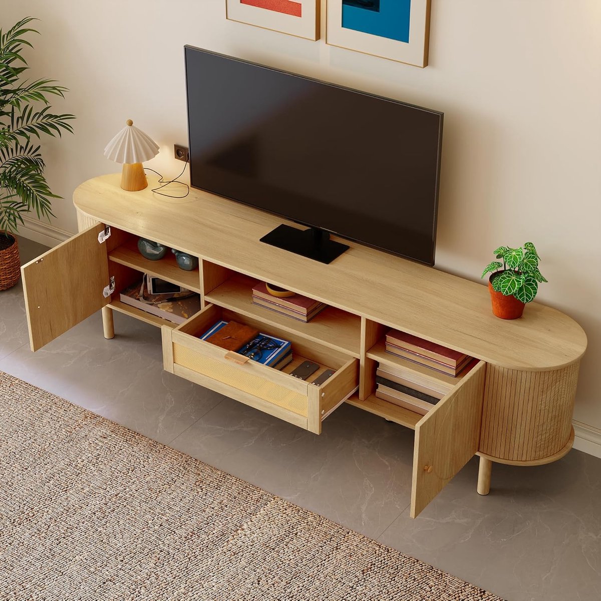 LunaCurve TV-Meubel 175 x 36 x 41 cm met Rotan Lades, Afgerond Design en Kabelmanagement – Modern Houten TV Kast met Metalen Poten in Houtlook, 2 Deuren en Open Vakken