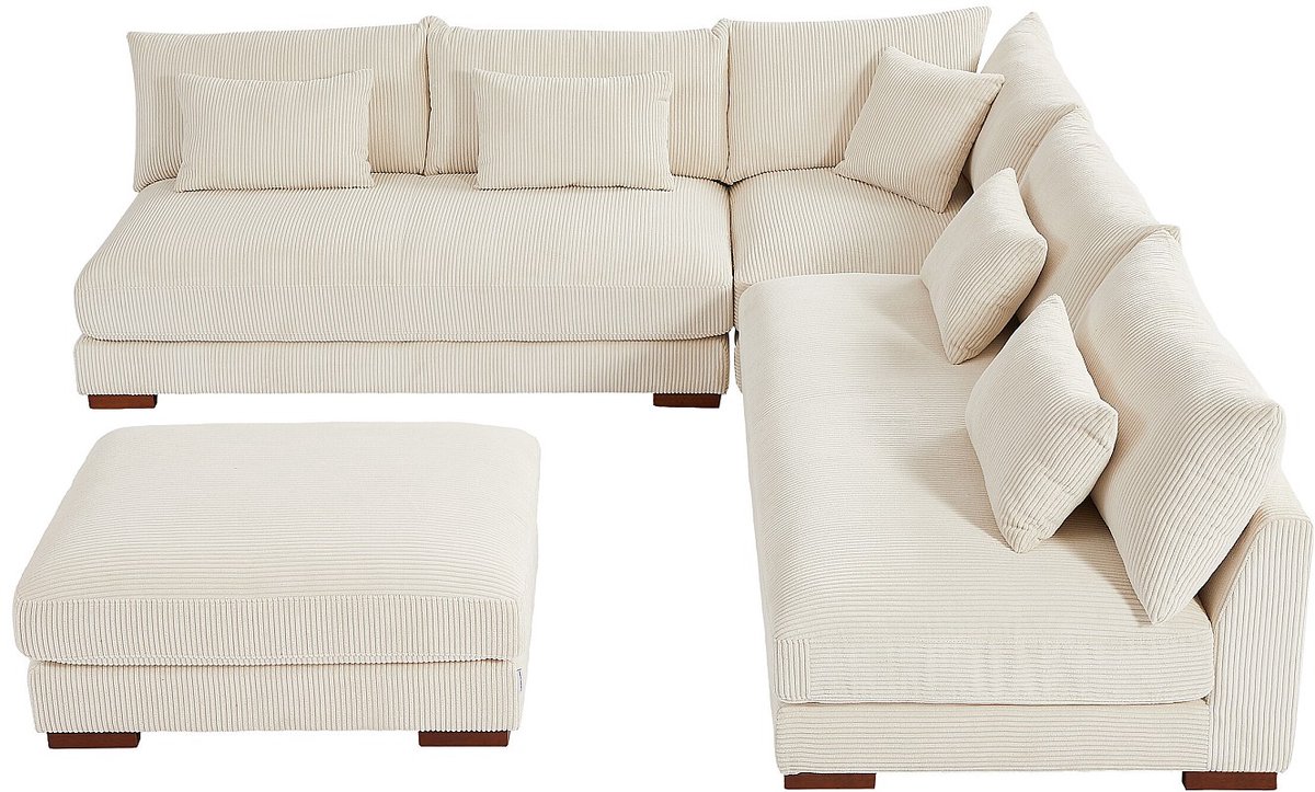 Vente-unique Hoekbank met omkeerbare chaise longue en poef van beige ribfluweel SPERONE van Pascal Morabito