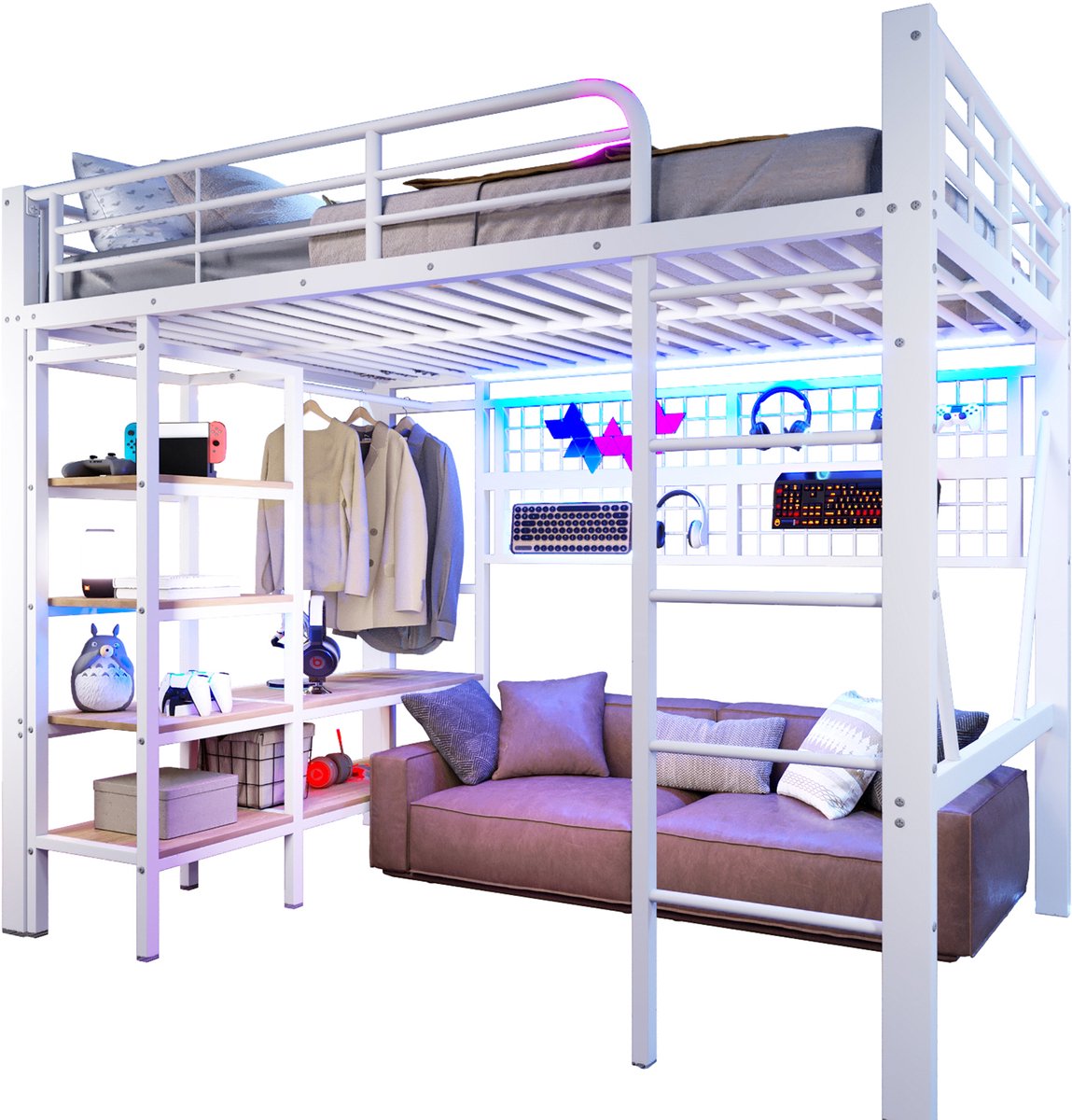 Merax Hoogslaper 140 x 200 cm - met opbergruimte - met kledingroede - open ruimte onder het bed - met LED-lichtstrip - zonder matras - wit