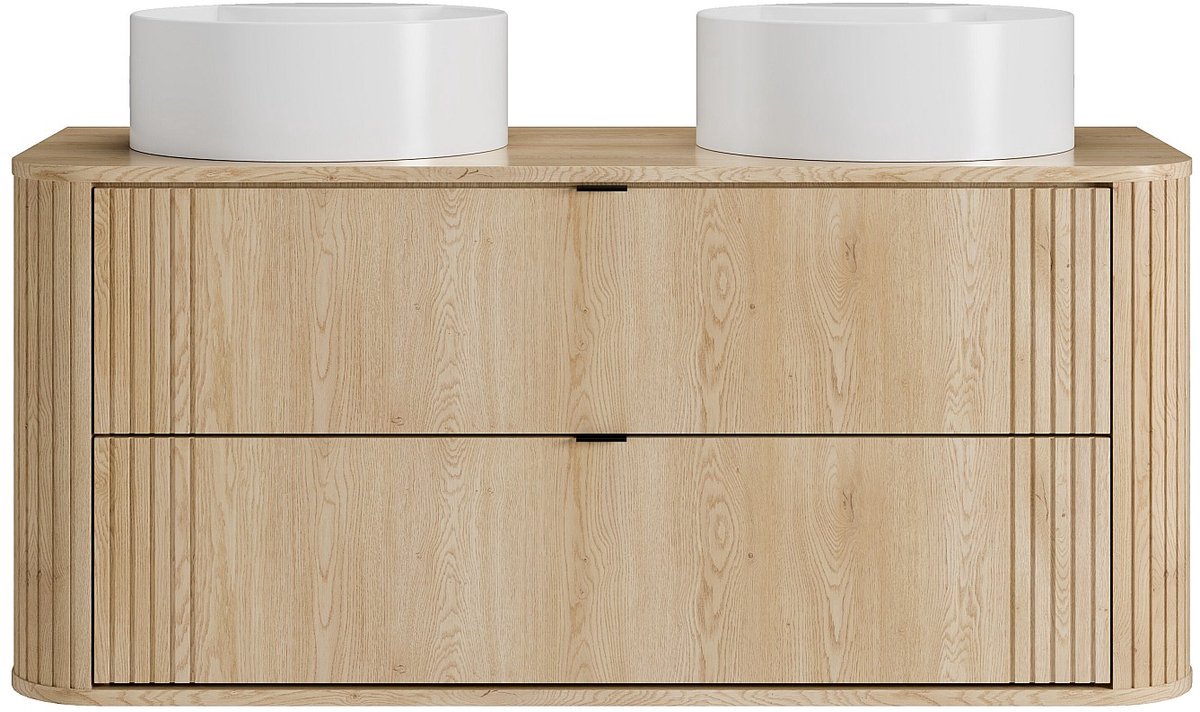 Vente-unique Zwevend badkamermeubel met dubbele ronde opzetwastafel - Licht naturel - B120 cm - FILOR