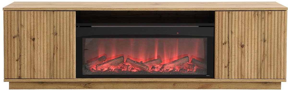 Vente-unique Tv-meubel met 2 deuren van MDF met schoorsteeneffect met ledverlichting - Naturel en zwart - YEVINA Zwart, Natuurlijk licht