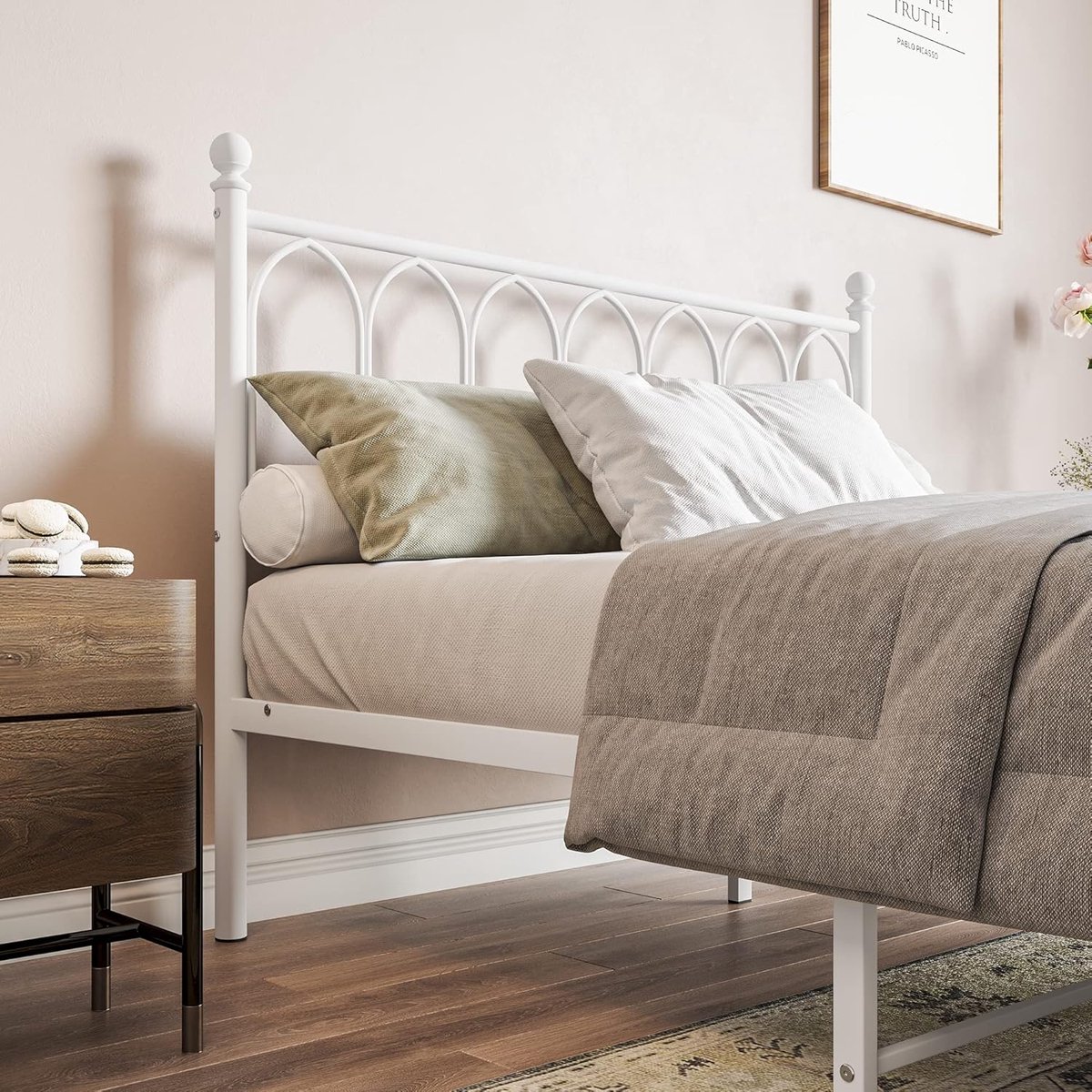 Luna Luxe Metalen Tweepersoons Bedframe 135x190 cm met Hoofd- en Voetbord, Stevig Stalen Frame met Lattenbodem en Opbergruimte – Wit
