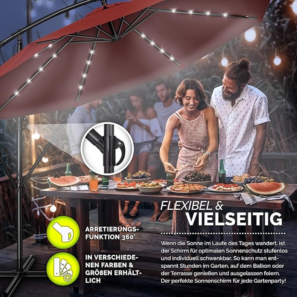 Zweefparasol Ø 300 cm LED Verlichting Solar – Kantelbare Ampelschirm Tuinparasol met 32 LED Lampen, Aluminium Frame, UPF50+ UV-bescherming, Waterafstotend – Mobili Bella