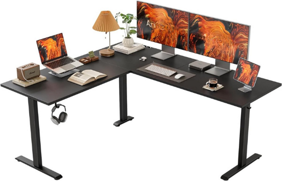 Agilestic L-vormig in hoogte verstelbaar bureau, 150 x 125 cm, ergonomische computertafel om zittend en staand aan te werken, ontworpen voor hoekruimtes, zwart