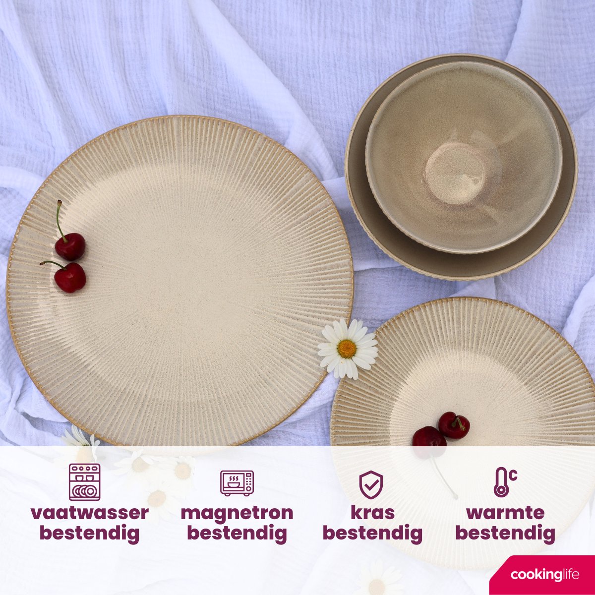 Cookinglife Serviesset Coastal Lines Ocean Beige 18-delig - Servies Set 6 Personen - Modern Design Aardewerk - Vaatwasser- & Magnetronbestendig — afbeelding 4