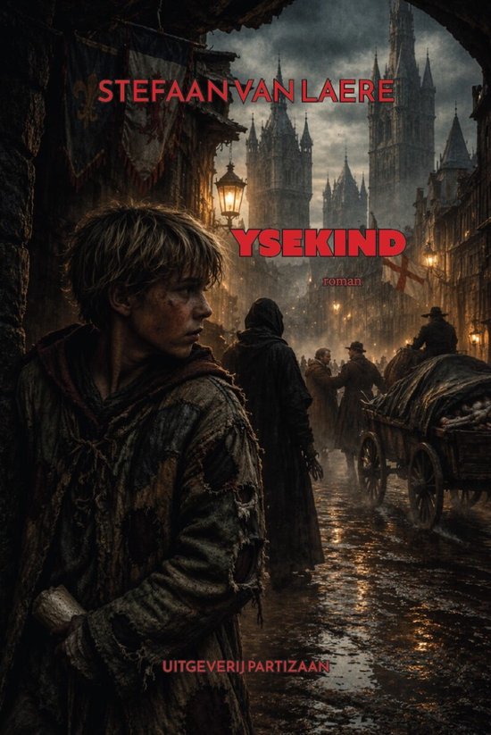 Boekomslag 'Ysekind' met een jonge jongen op de voorgrond en een straatbeeld in Londen.
