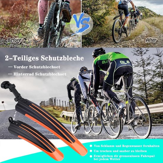 Zwarte en oranje fietspatborden, voor en achter. Afbeeldingen van fietsers die modder ontwijken.