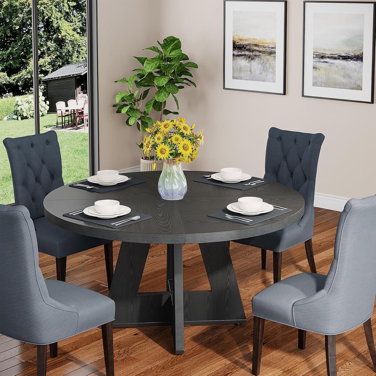 Ronde Eettafel 120 cm - Houten Keukentafel voor 4 Personen - Rustiek Design met Houten Poten - Boerderij Stijl - Zwart - 120x120x75 cm - Vermissen