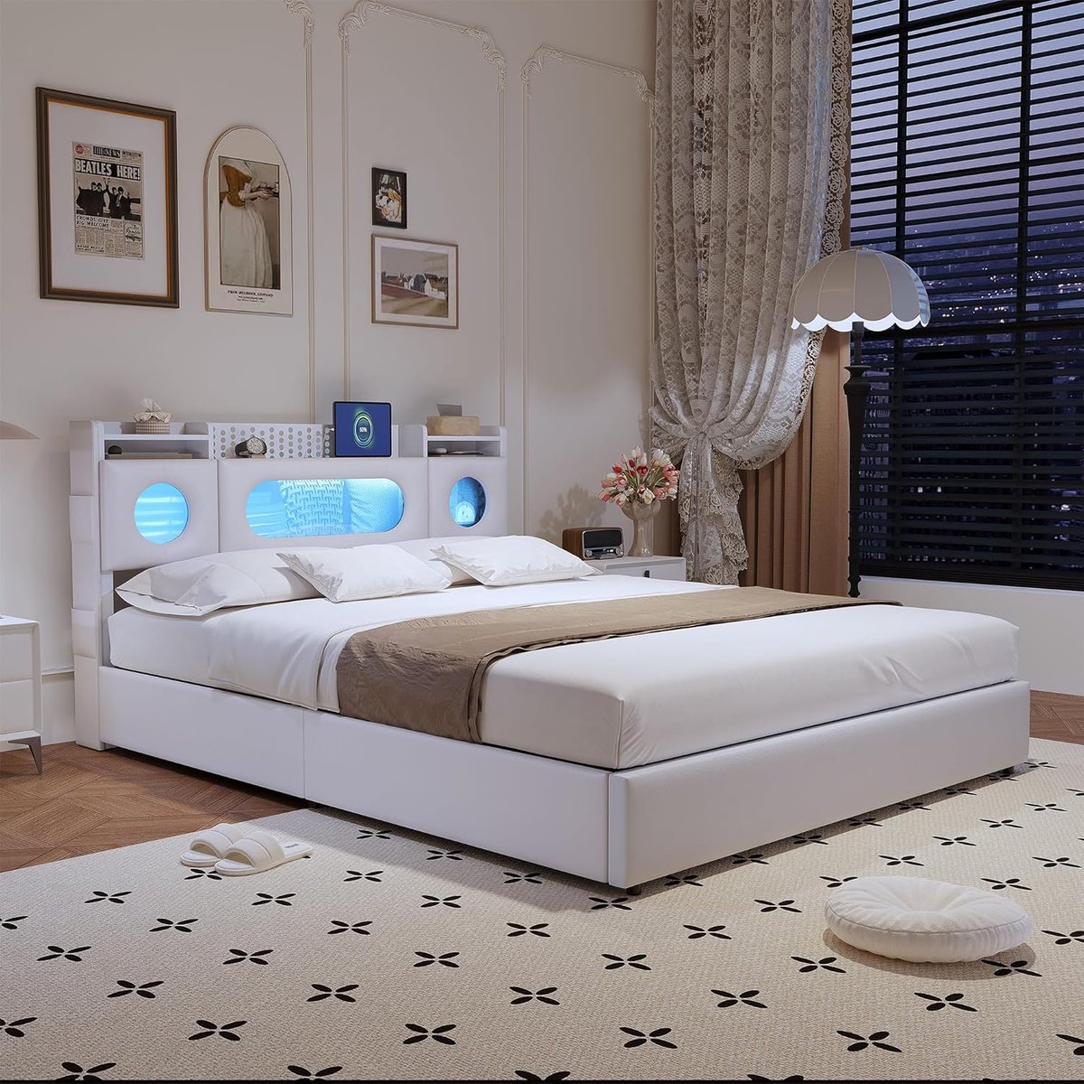 Luxe LED Opbergbed 140x200 cm met Gestoffeerd Hoofdbord, Hydraulische Opbergruimte en Lattenbodem – Modern Wit PU Leren Tweepersoonsbed met Verlichting en Bedbox