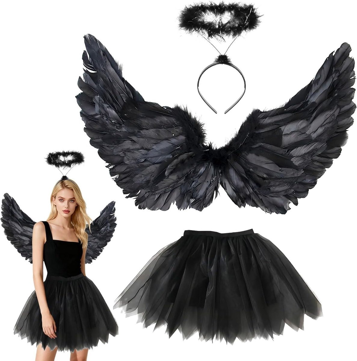 Volwassenen Engel Kostuum met Vleugels, Tutu Rok en Halo voor Halloween en Feestjes
