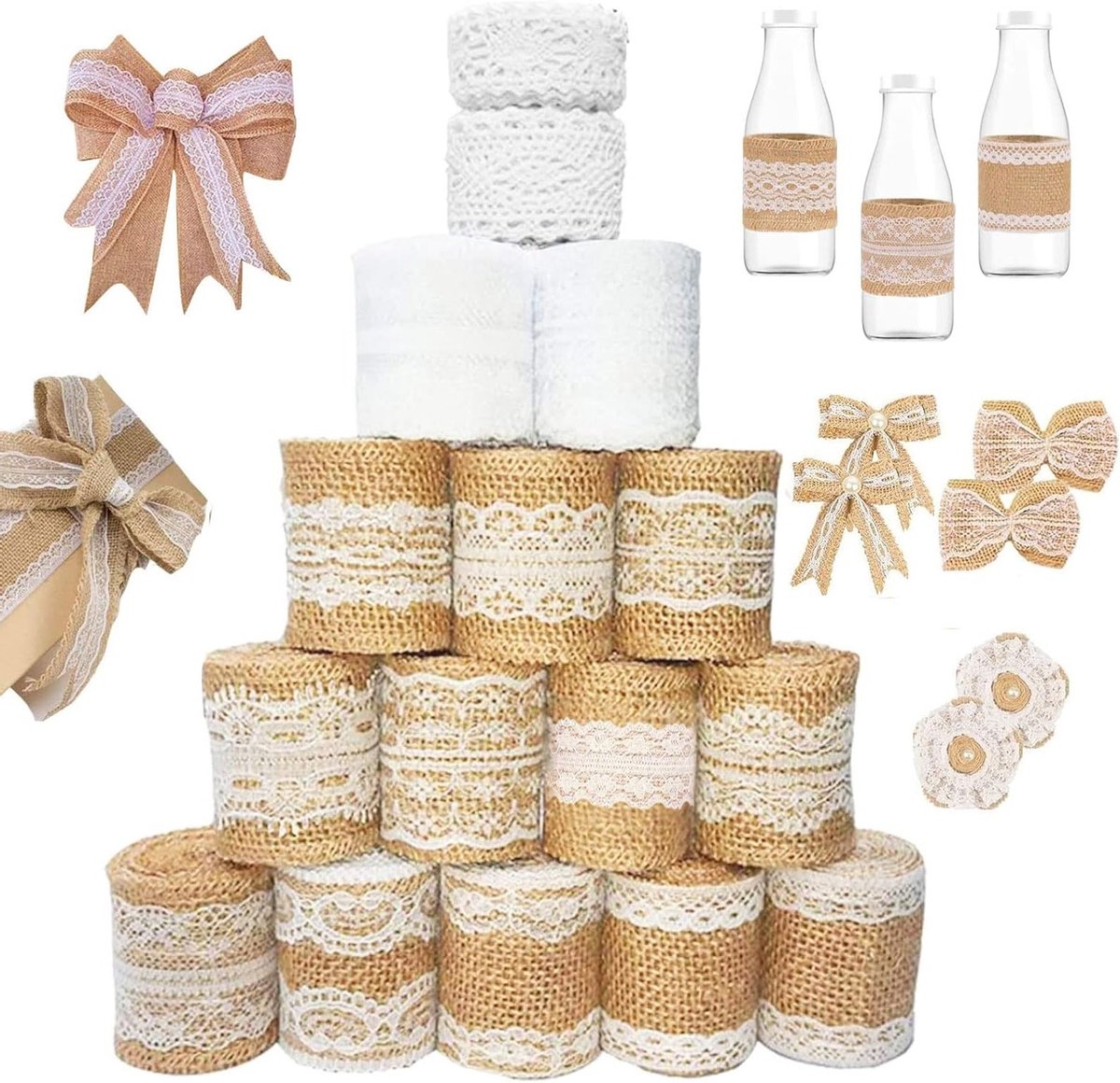 Vintage Jute Lint met Kant 25m - Decoratie voor Bruiloften, Cadeauverpakking en Ambachtelijke Projecten - Natuurlijke Witte Kleur