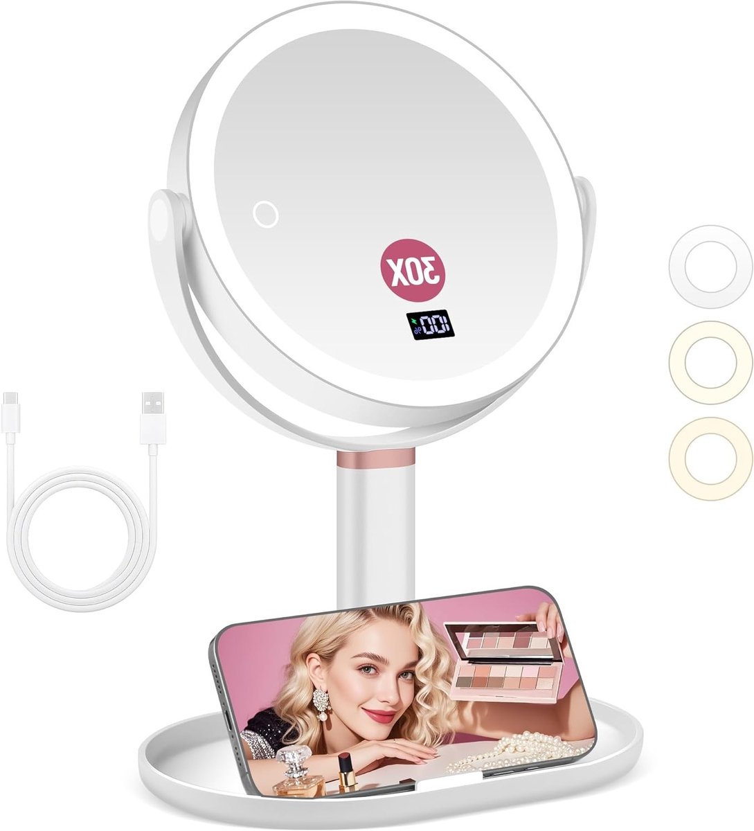 Verlichte Make-up Spiegel met 30X/1X Vergroting, 3 Kleuren, Verstelbare Helderheid en Hoogte, 360° Rotatie en Inclusief Pincet voor Perfecte Make-upervaring