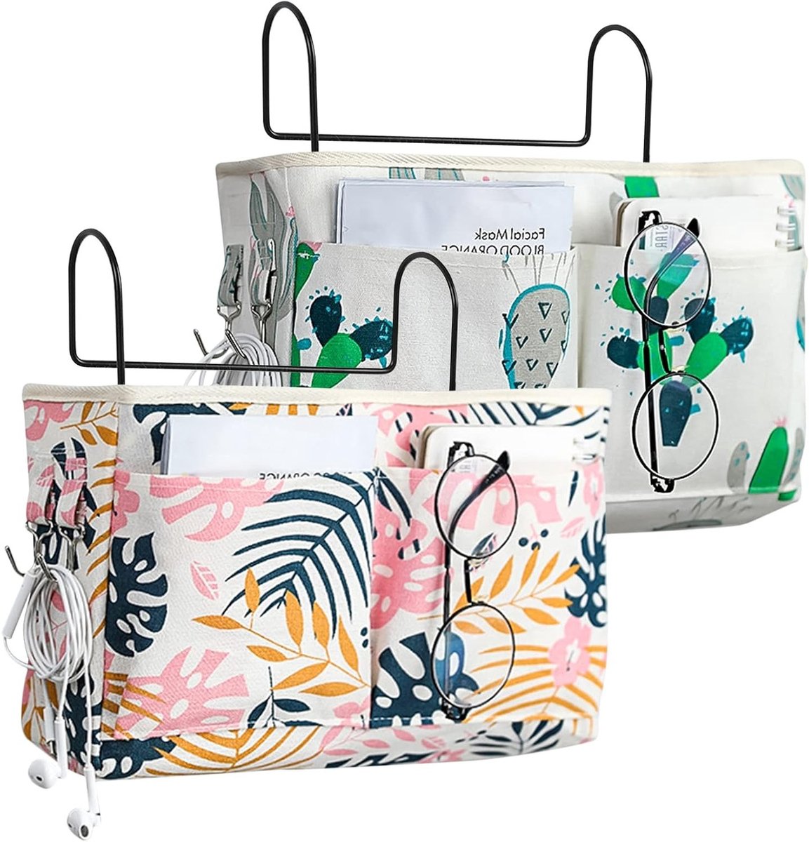 Praktische afstandsbedieninghouder voor de bank met 2 opbergzakken en haken, ideaal voor slaapkamer en studeerkamer, perfect voor het organiseren van ruimte en accessoires