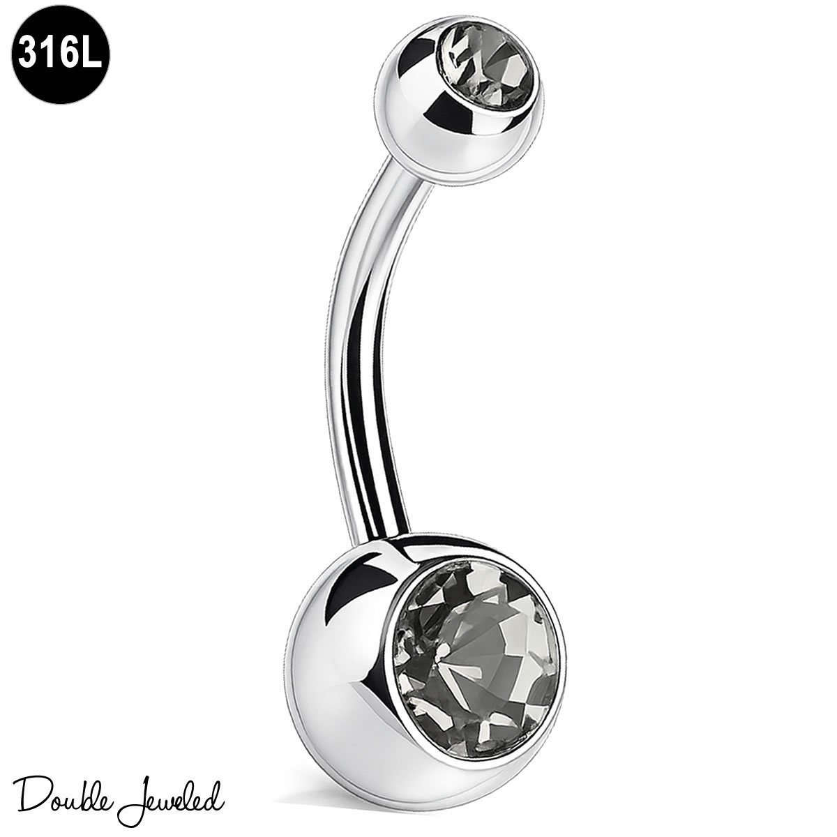 Navelpiercing Grijs – Navel Piercing 316L Chirurgisch Staal – Belly Button Piercing – Banana Barbell 1.6mm – Double Jeweled – Buikpiercing Dames