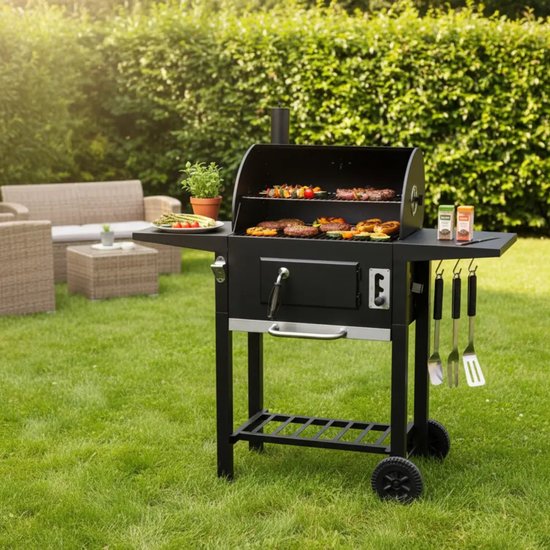 Klausberg Houtskoolbarbecue met Deksel en Thermometer - 42 x 30 cm - Verrijdbare BBQ met Zijtafels van Merkloos — afbeelding 4