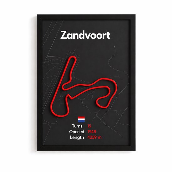 Circuit Zandvoort Nederland 3D Schilderij – Wanddecoratie – Racebaan Poster – Race Zandvoort – Diepte Effect – 23x32 cm – Inclusief Lijst & Standaard