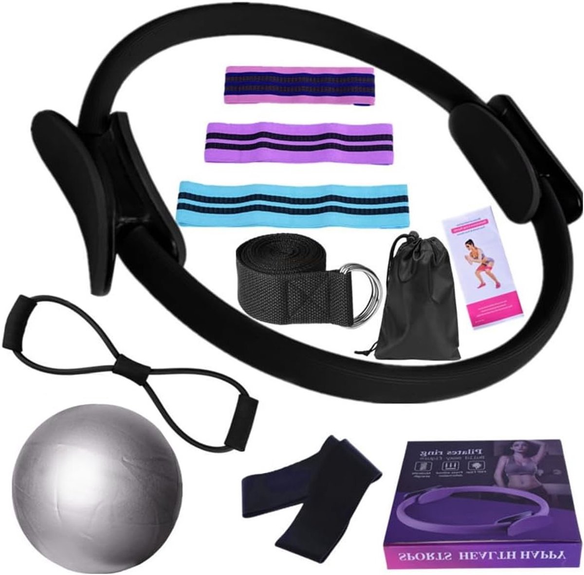 Complete Pilates Set met 8 Onderdelen, Inclusief Yoga Bal, Stretchbanden en Fitness Bands voor Thuis, Ideaal voor Pilates, Yoga en Flexibiliteitstraining