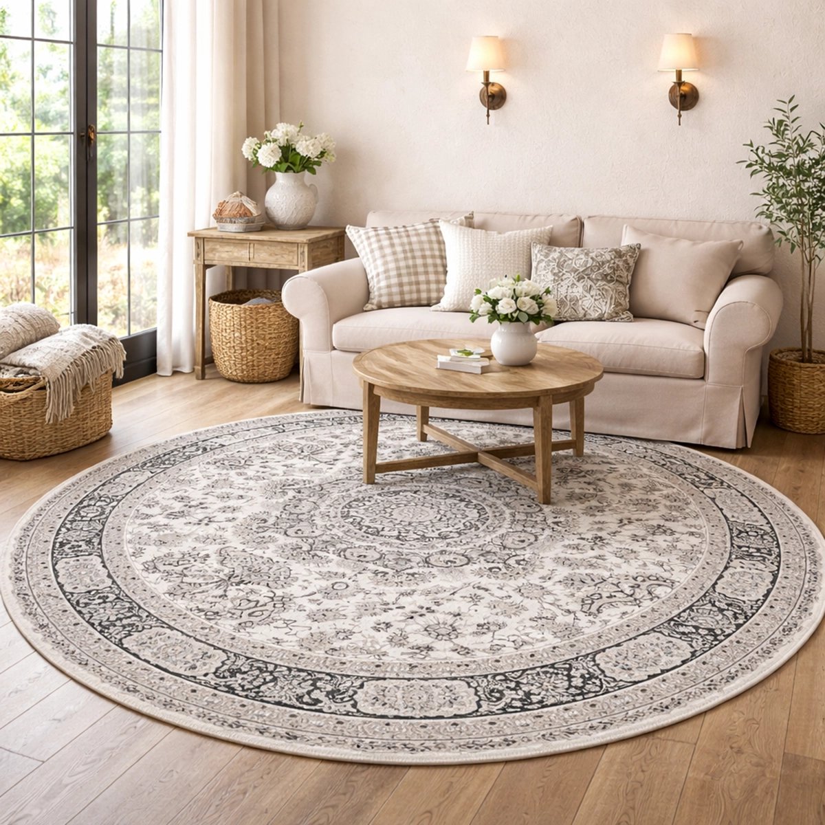 Lavandoux - Vloerkleed - Mogador - Crème en Zwart - Rond - Ø120 cm