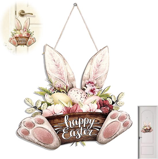 Welkomstbord voor Pasen bij de ingang van een feestje - houten welkomstbord voor op het terras - houten deurhanger met konijnenoortjes en bloemen - paashaas en ei decoratie - tuindecoratie - geschikt voor aan de muur of als hangend bord.