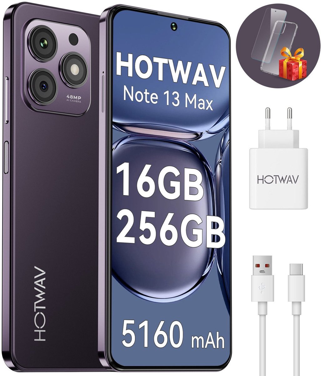 HOTWAV Note 13 Max mobiele telefoon senioren - Smartphone - 256GB - Paars - mobiele telefoon zonder abonnement - 2 jaar garantie - Met Transparante Hoes - 4G Dual SIM