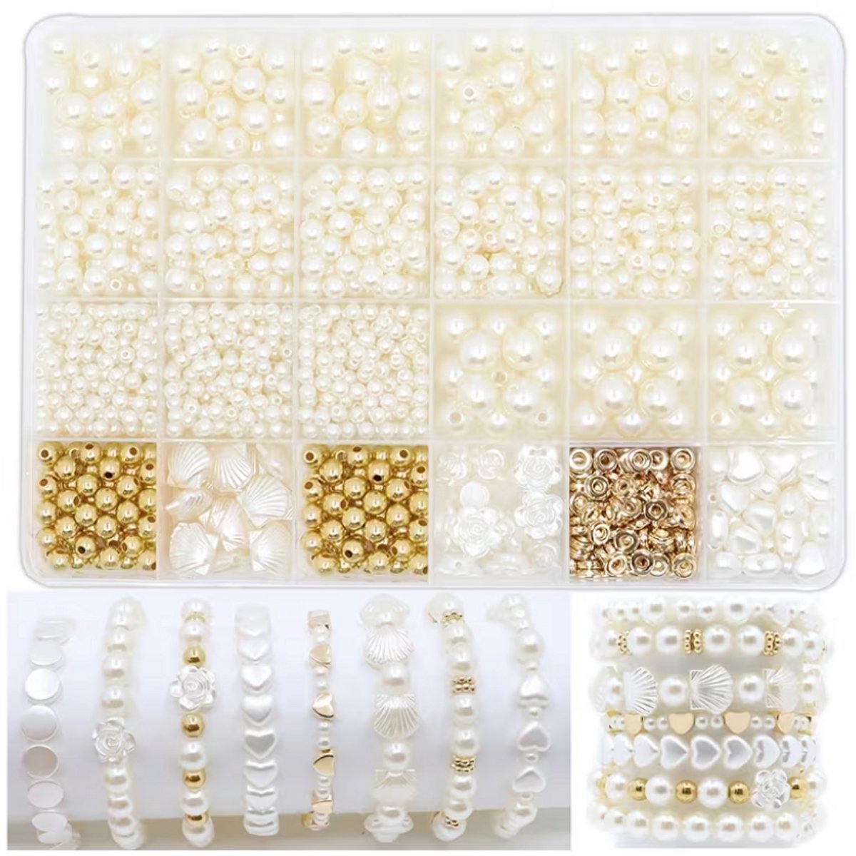 Wit kralen set sieraden maken dames DIY pakket met imitatie parel kralen mix hart bloem schelp vormen inclusief goudkleurige tussenkralen en opberg doos voor armband maken