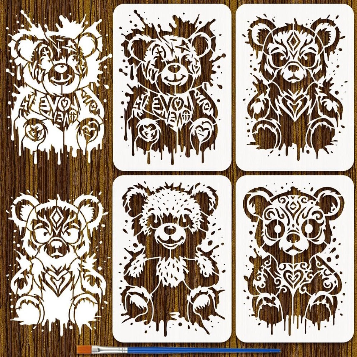 4PCS Graffiti Bear Schilder Stencil met Plastic Kwast 21x29.7cm Herbruikbaar Beertje Sjabloon voor Creatief Schilderen en Decoratie