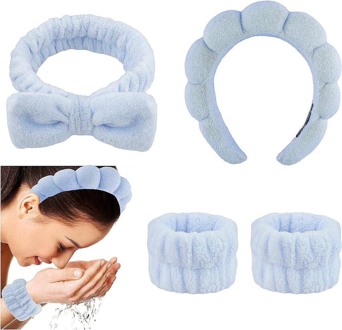 Set van 4 zachte spa hoofdbanden voor huidverzorging en make-up met gezichtswas polsbandjes - Perfect voor ontspanning en schoonheid (Blauw)