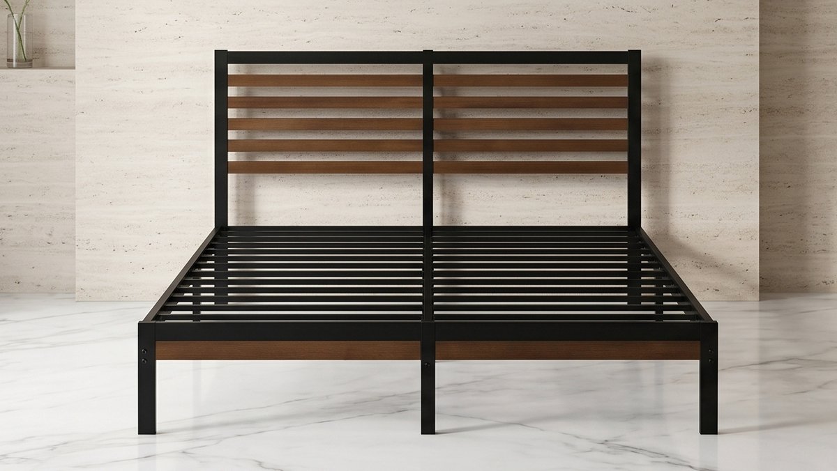 Kai Luxe Bamboe & Stalen Bedframe 160x200 cm – Modern Platform Bed met Hoofdbord – Bruin/Zwart – Mobili Bella
