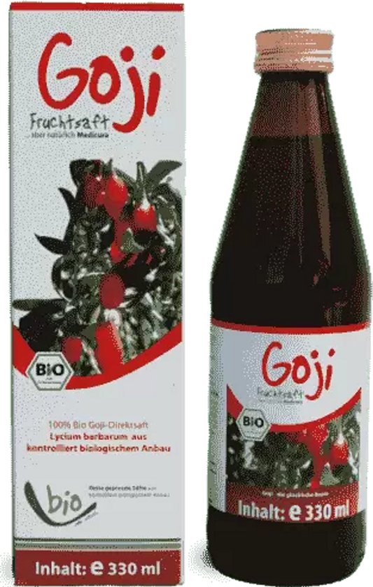 Medicura Goji vruchtensap BIO, 330ml fles met doos, met afbeeldingen van gojibessen en het BIO-logo.