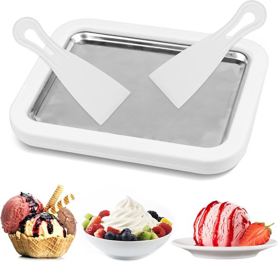 Rolled Ice Cream Maker - Rolling Ijs Grill - Ijsmachine - IJsrolplaat met 2 spatels - voor zelfgemaakte gerolde ijs, bevroren yoghurt - wit - 22x17,5x3,5cm