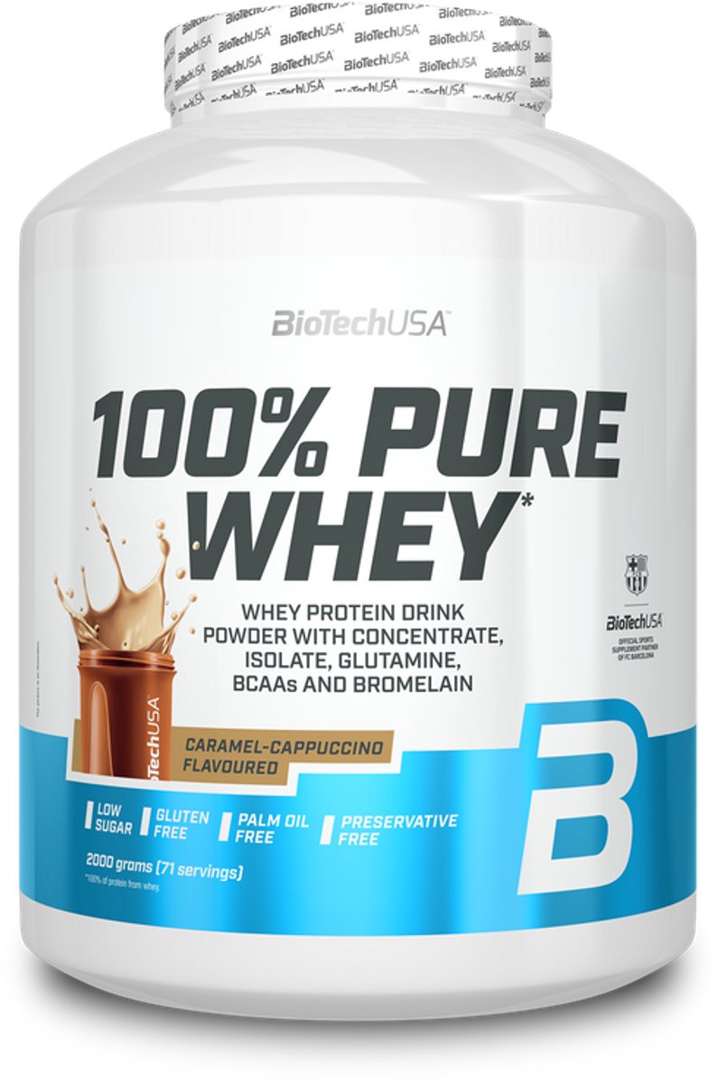 BioTechUSA 100% Pure Whey | Eiwitpoeder met BCAA en Glutamine | Glutenvrij, Palmolievrij | 21g Eiwit per portie, 2 kg, Karamel-Cappuccino