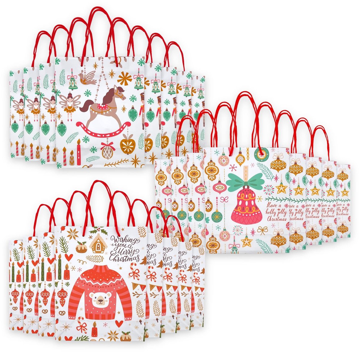 Jhubersproducts - Geschenkzakjes - Herbruikbaar - 24 stuks - Holly Jolly Christmas - Kleurige motieven - Perfect voor elke gelegenheid - Ideaal voor h