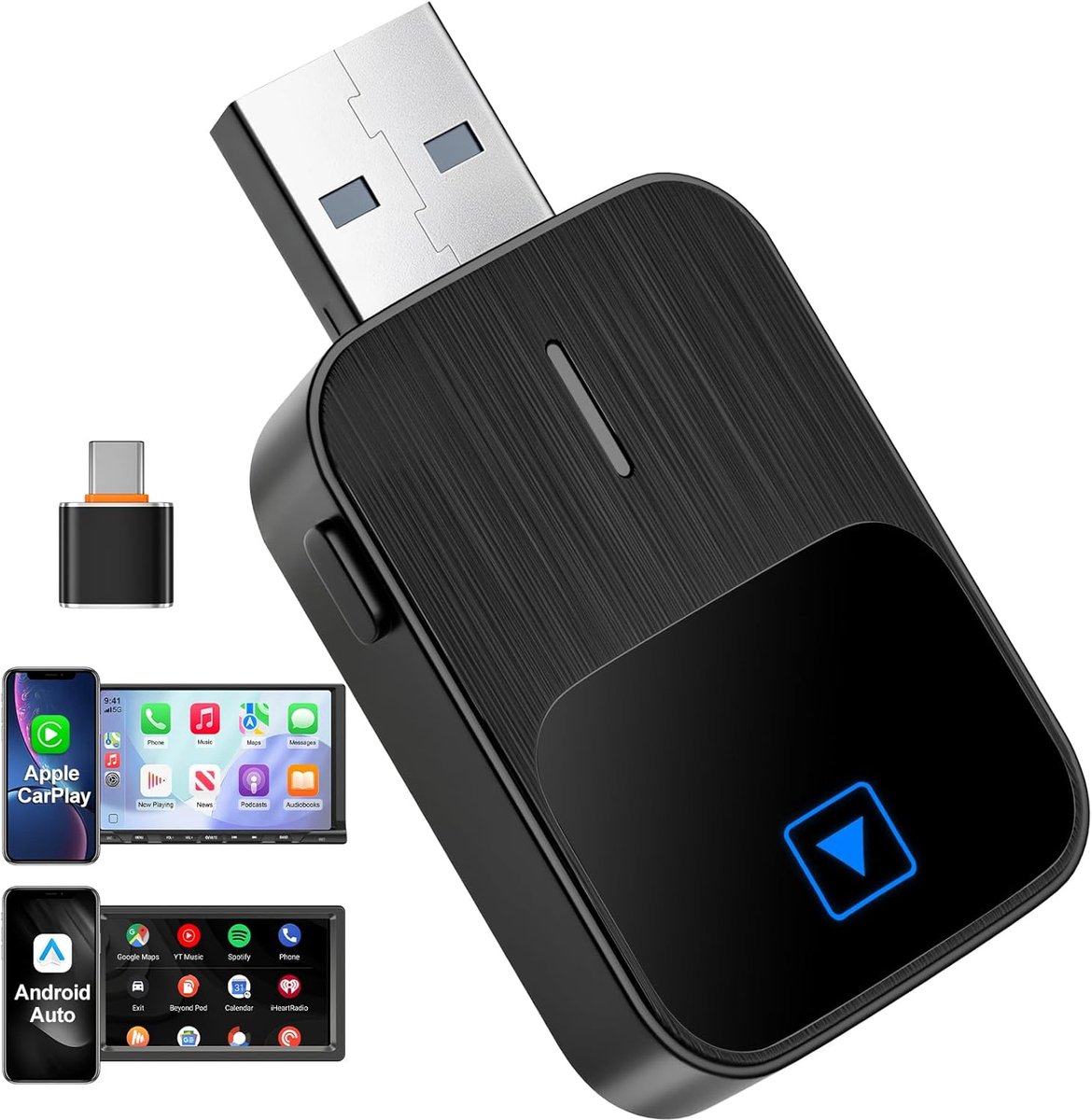 CarPlay draadloze adapter, draadloze adapter, Android Auto & Carplay, draadloze adapter, 2-in-1, plug and play, compatibel met iOS 10+ en Android 11+, stabiele verbinding