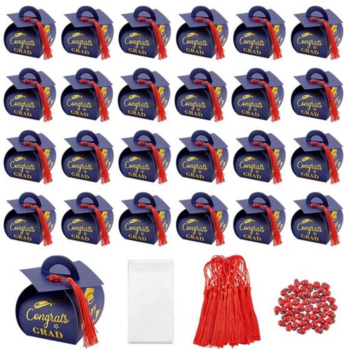 50 Sets Graduation Gift Boxes - Blauw - Met Rode Kwast en Houten Cabochons
